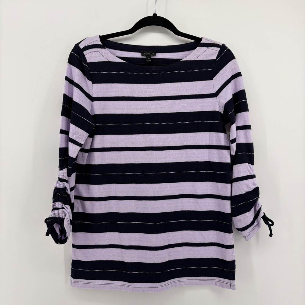 Talbots Striped Boat Neck 3/4 Sleeve Tie Cuff Top Navy Blue Lilac Purple Navy XS